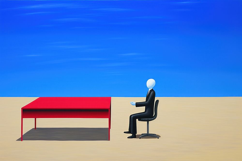 Surrealistic painting of Boss man siting furniture sitting chair.