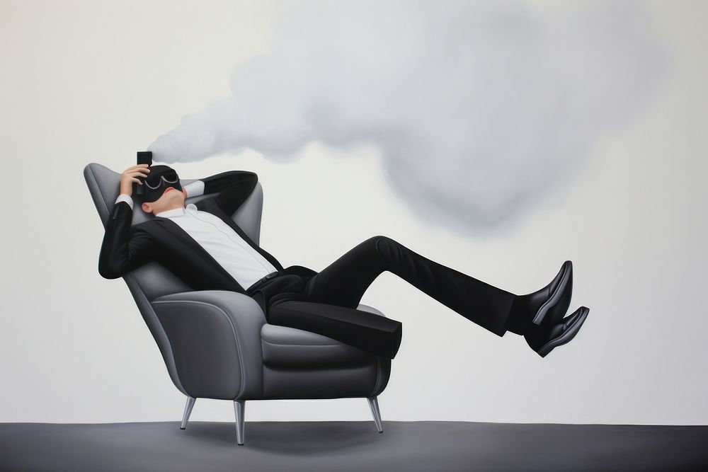 Surrealistic painting of Boss man siting smoking furniture armchair footwear.