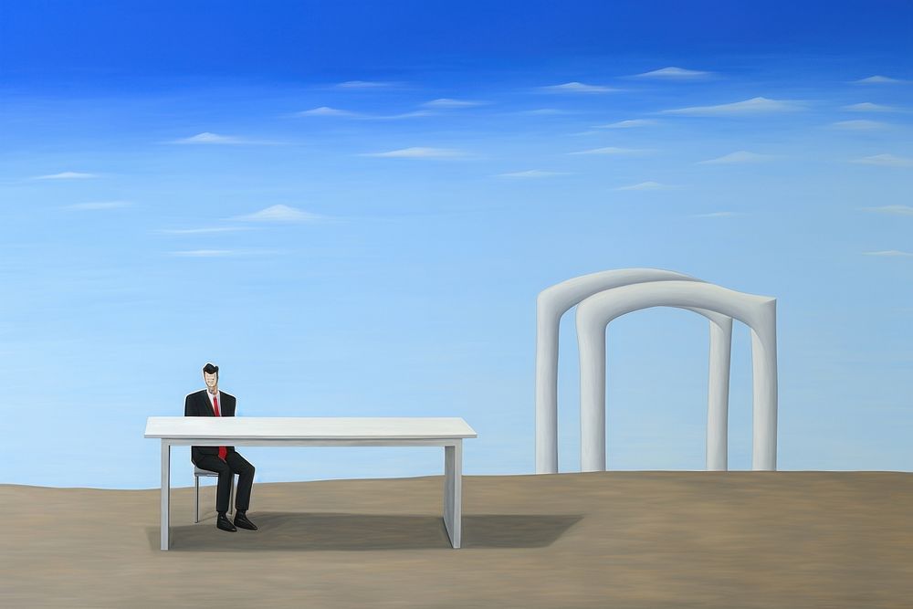 Surrealistic painting of Boss man siting with boss table furniture sky architecture.