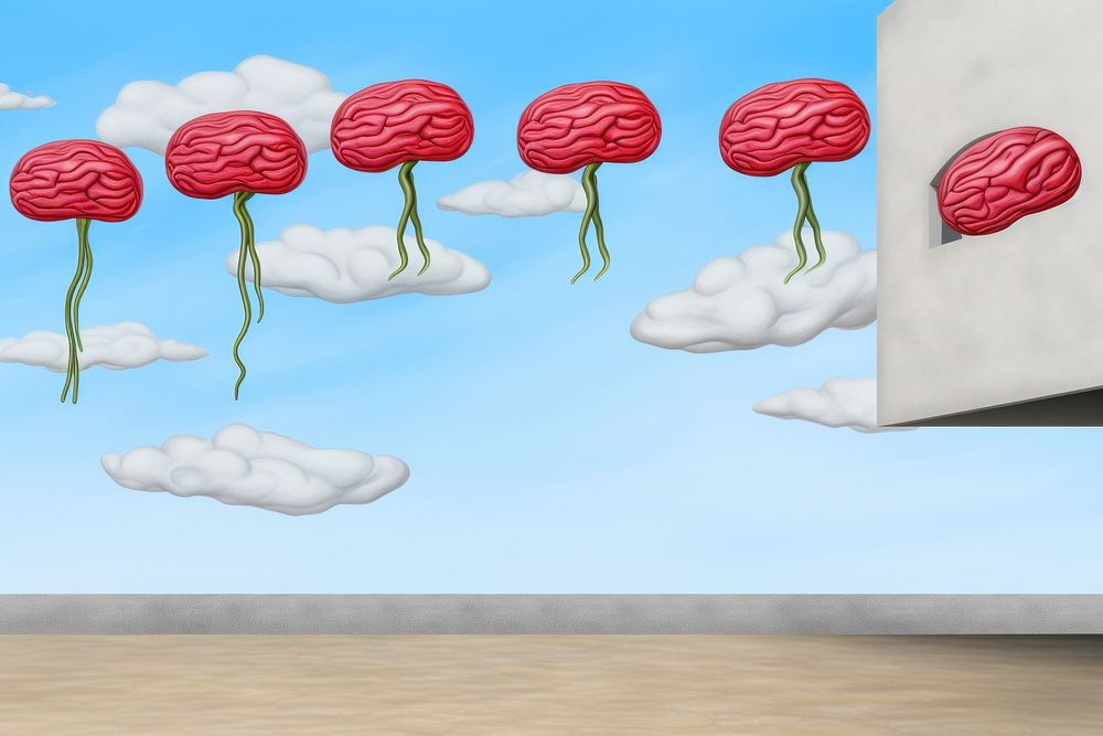 Surrealistic painting of brain melting balloon sky art.