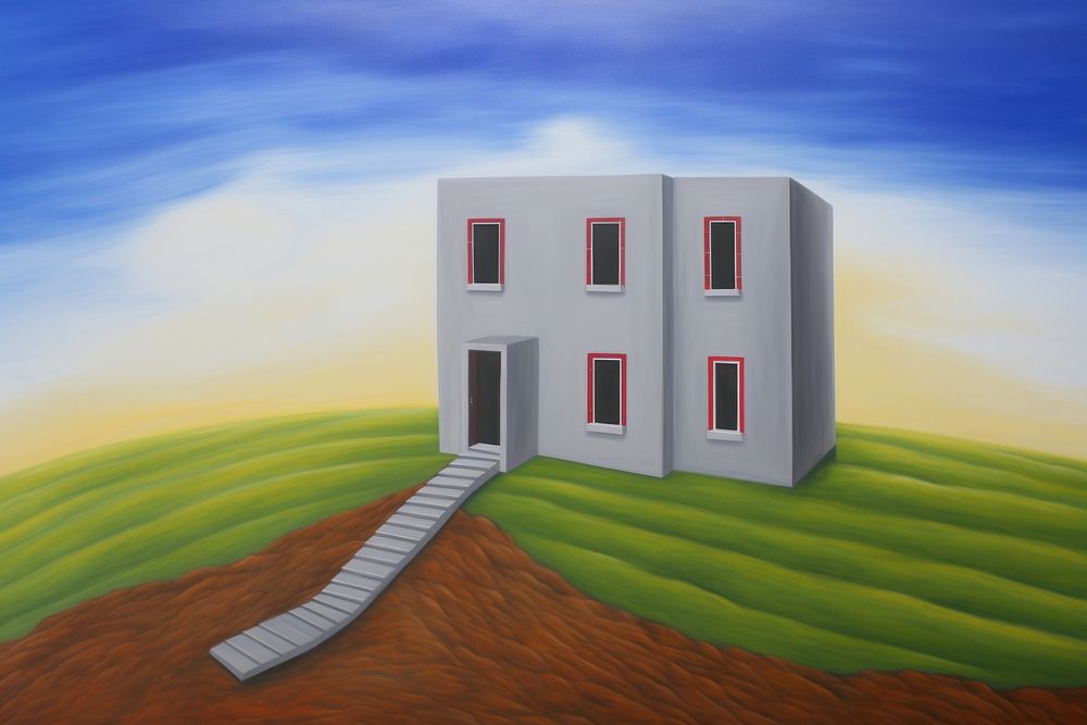 Surrealistic painting of house architecture building outdoors.