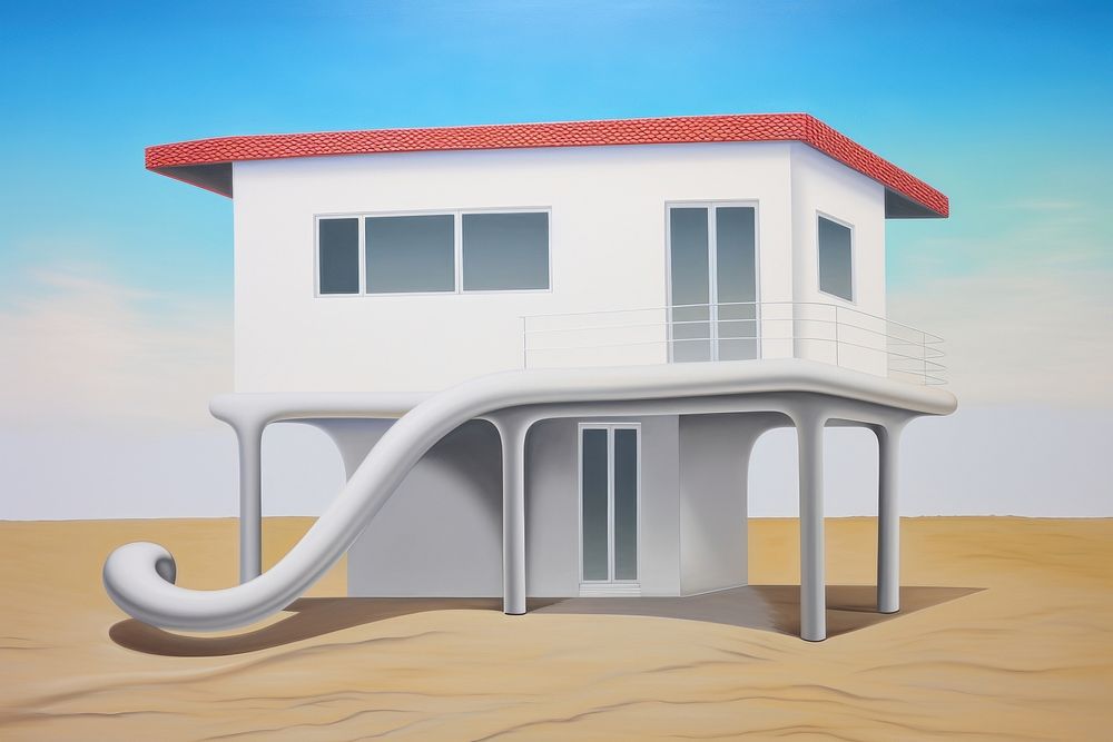Surrealistic painting of house architecture building outdoors.