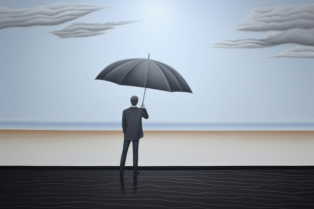 Surrealistic painting of man holding umbrella outdoors nature sky.