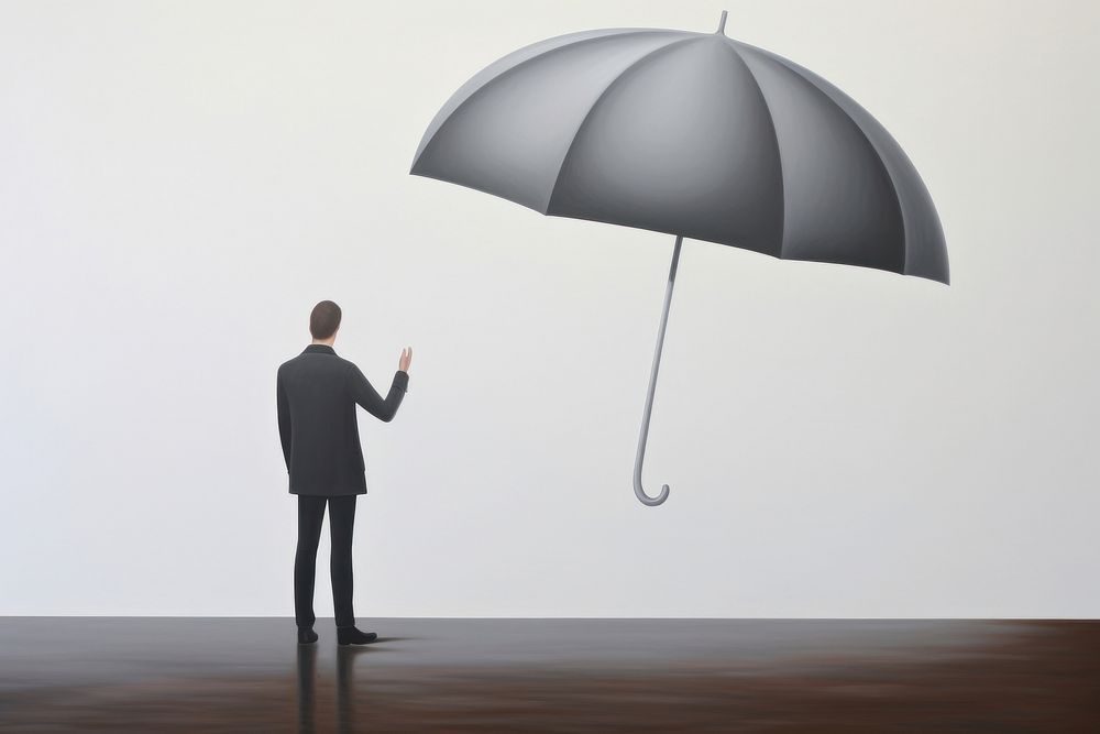 Surrealistic painting of man holding umbrella adult photography sheltering.