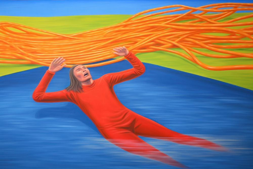 Man swimming in spaghetti painting art portrait.