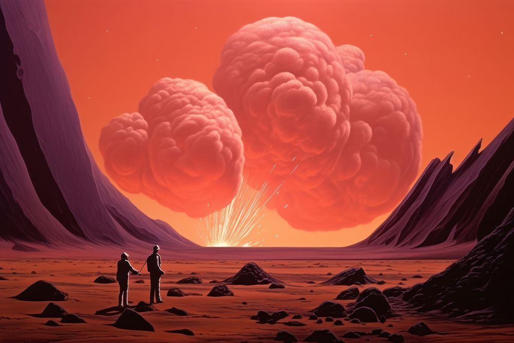 The meteorites explodes in the sky above the pink mars mountain outdoors nature.