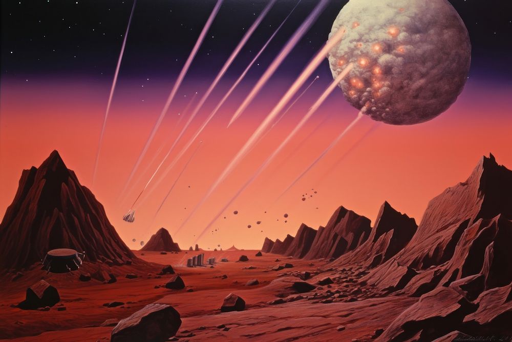 The meteorites explodes in the sky above the pink mars astronomy universe outdoors.