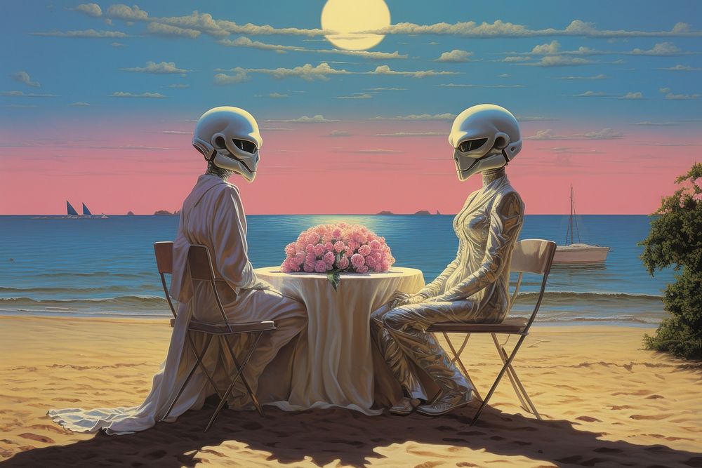 Alien wedding on the beach sky art painting.