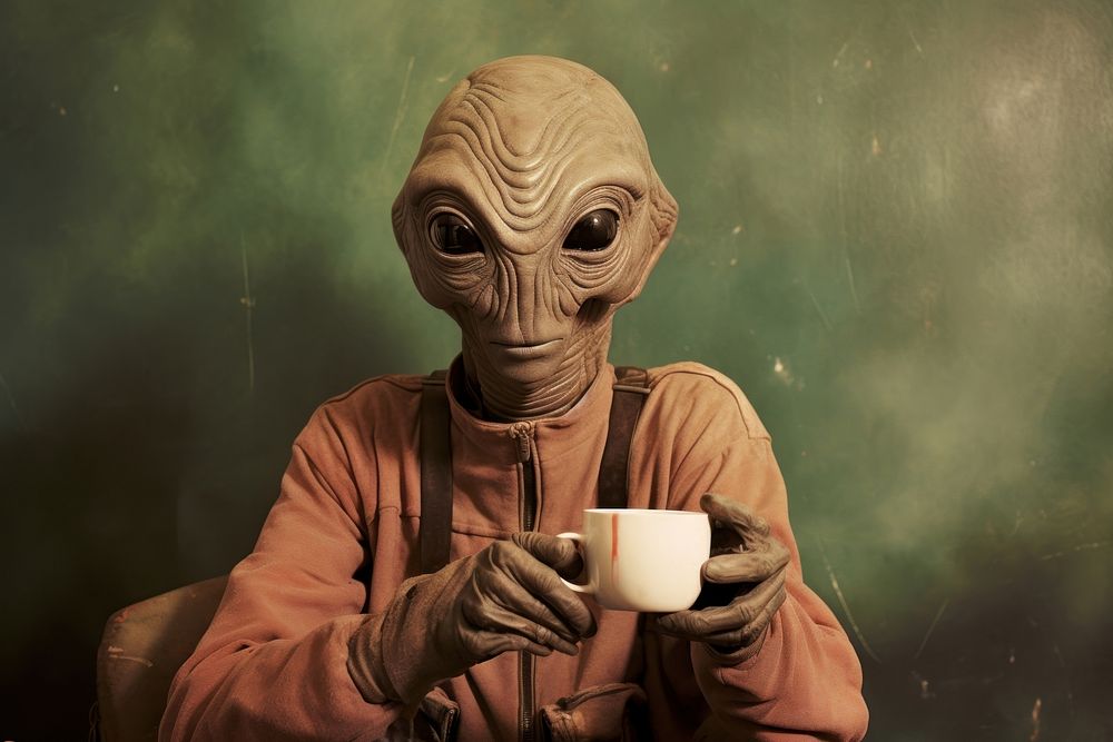 Alien Holding coffee cup holding mug representation.