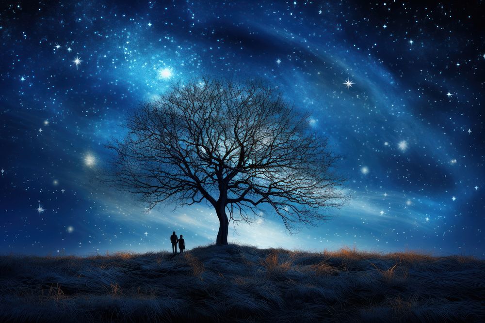 The stars are on full display in the dark blue sky tree landscape outdoors. AI generated Image by rawpixel.