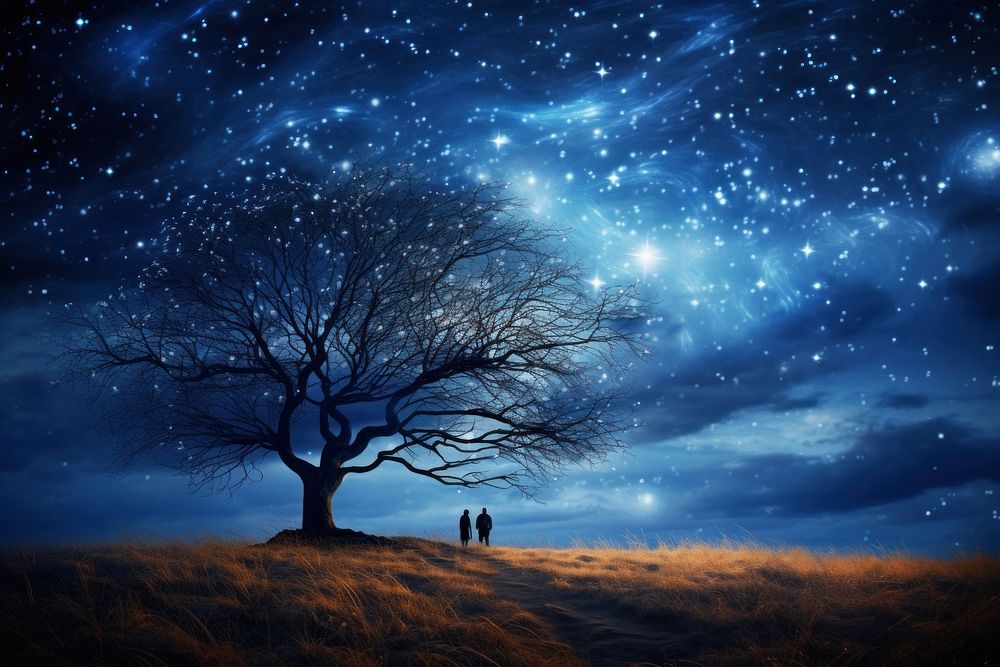 The stars are on full display in the dark blue sky tree landscape outdoors. AI generated Image by rawpixel.