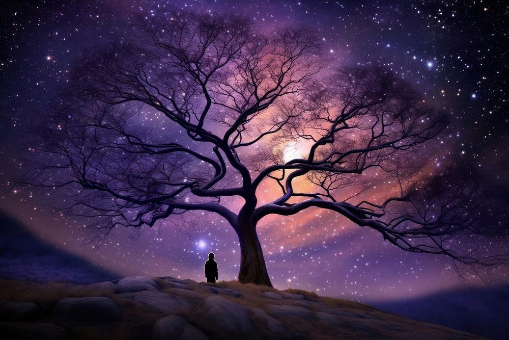 The stars are on full display in the dark purple tree landscape astronomy. AI generated Image by rawpixel.
