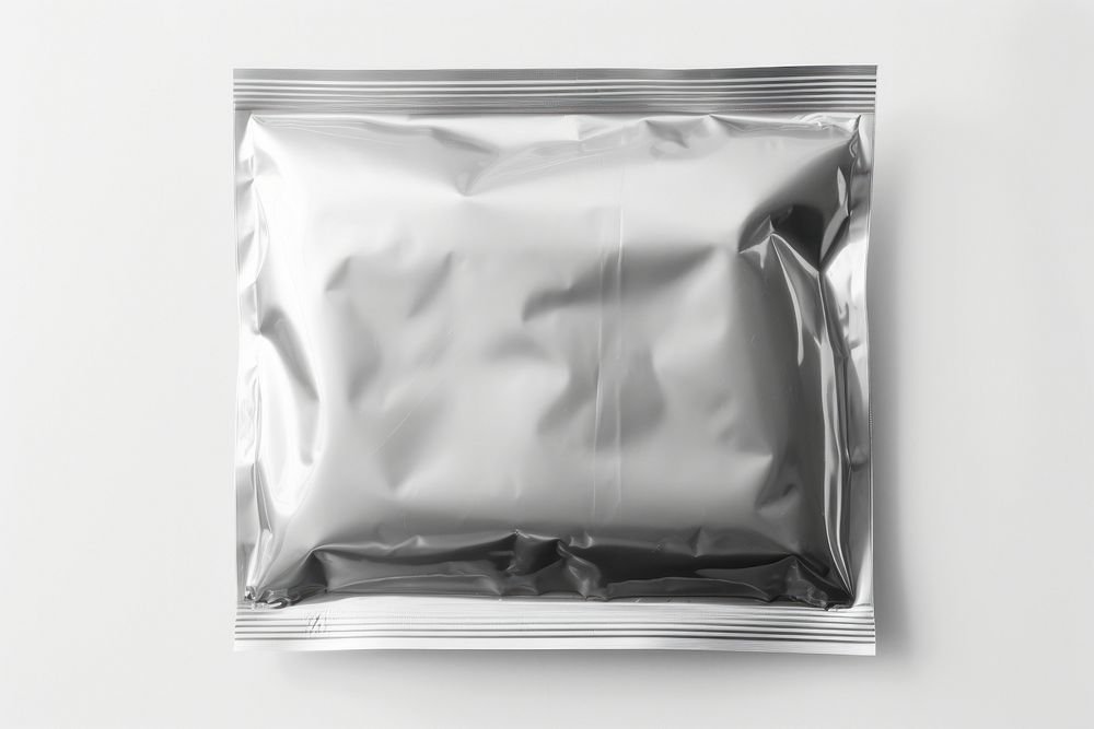 Foil food packaging bag white background monochrome aluminium.