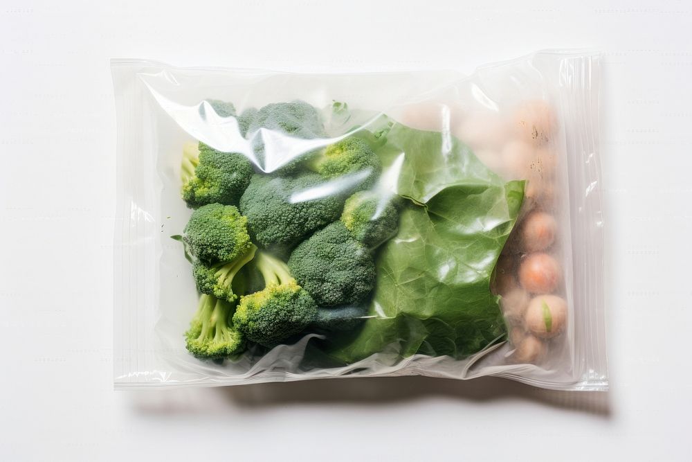Plastic wrapping over a vegetable broccoli plant food.