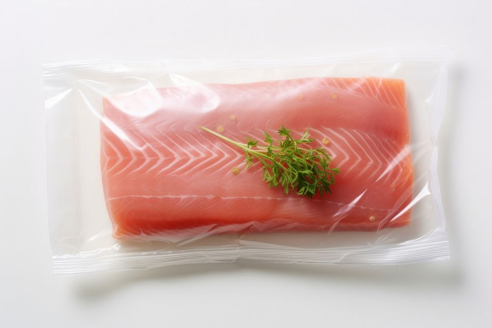 Plastic wrapping over food packaging seafood white background vegetable.
