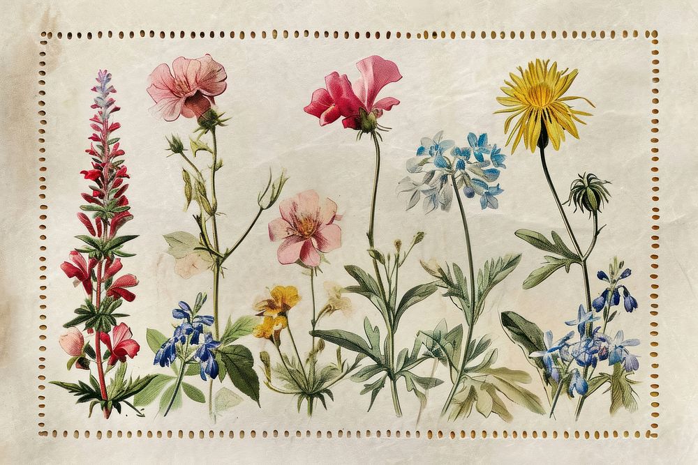 Vintage postage stamp with wild flowers embroidery painting pattern.