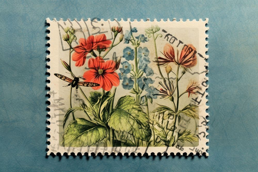 Vintage postage stamp with wild flowers paper plant invertebrate.