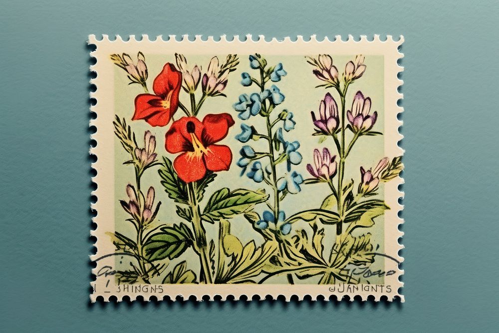 Vintage postage stamp with wild flowers pattern plant art.