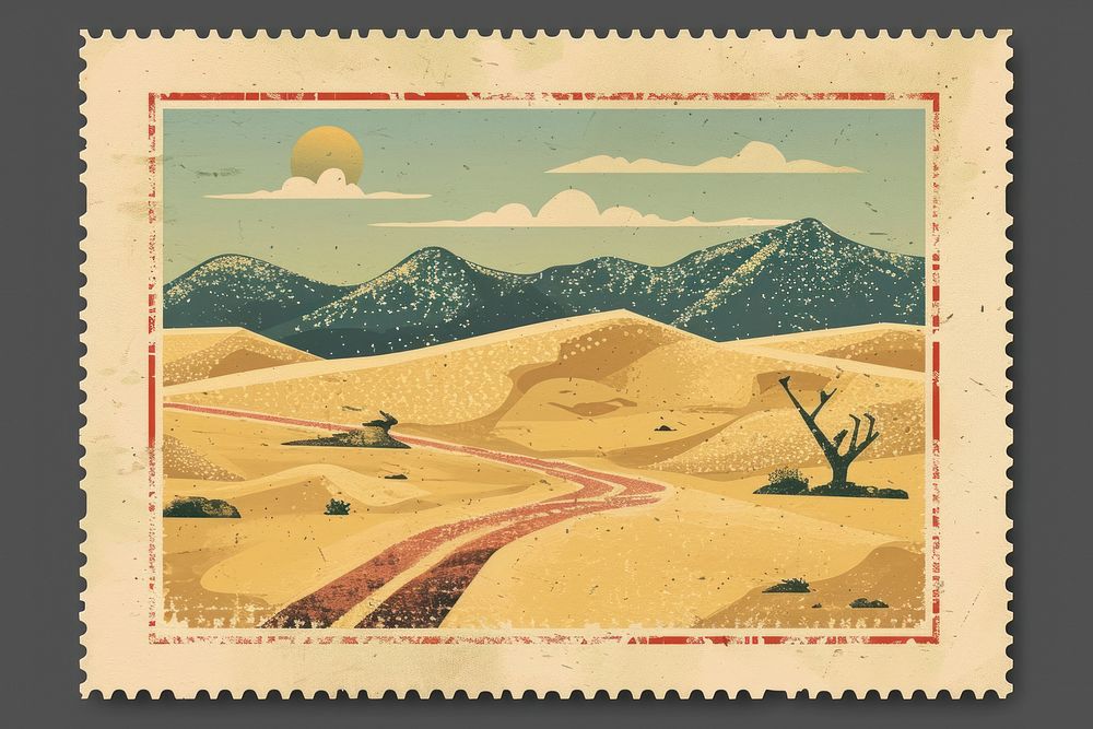 Vintage postage stamp with desert nature tranquility needlework.
