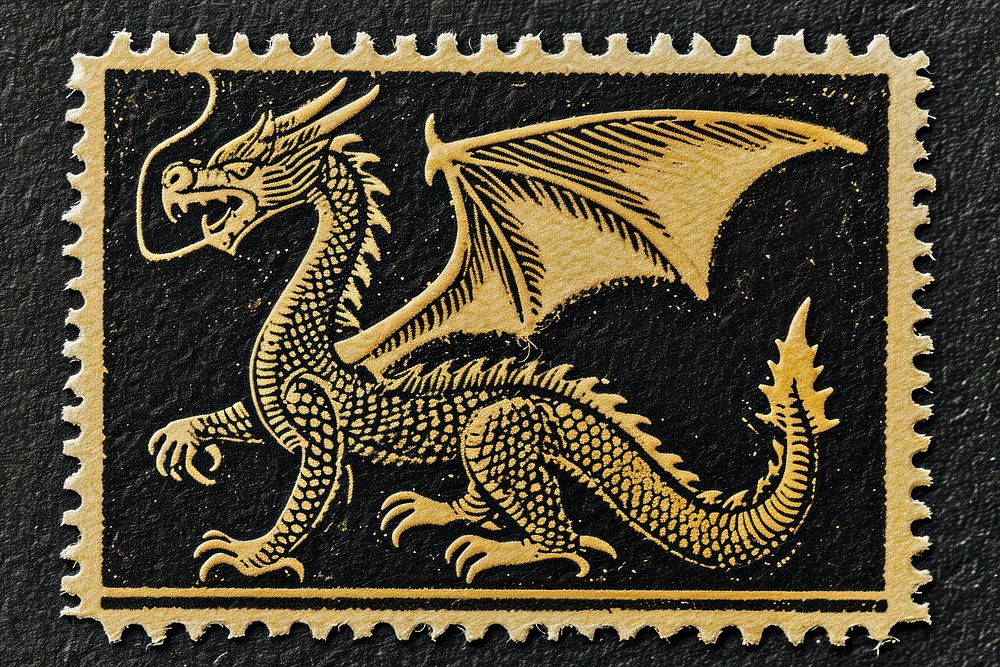 Vintage postage stamp with dragon animal gold representation.