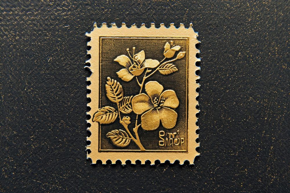 Vintage postage stamp with floral gold needlework embroidery.