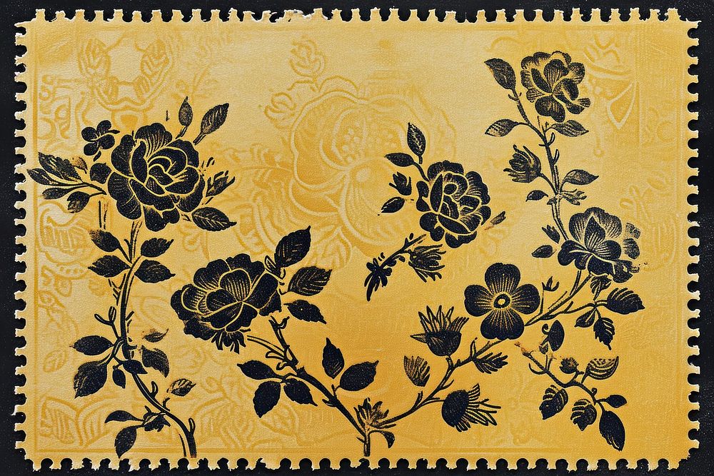 Vintage postage stamp with floral backgrounds pattern gold.