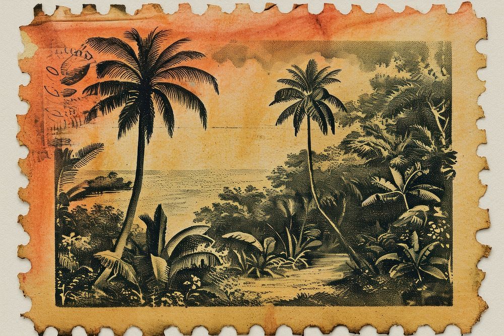 Vintage postage stamp with jungle painting plant tree.