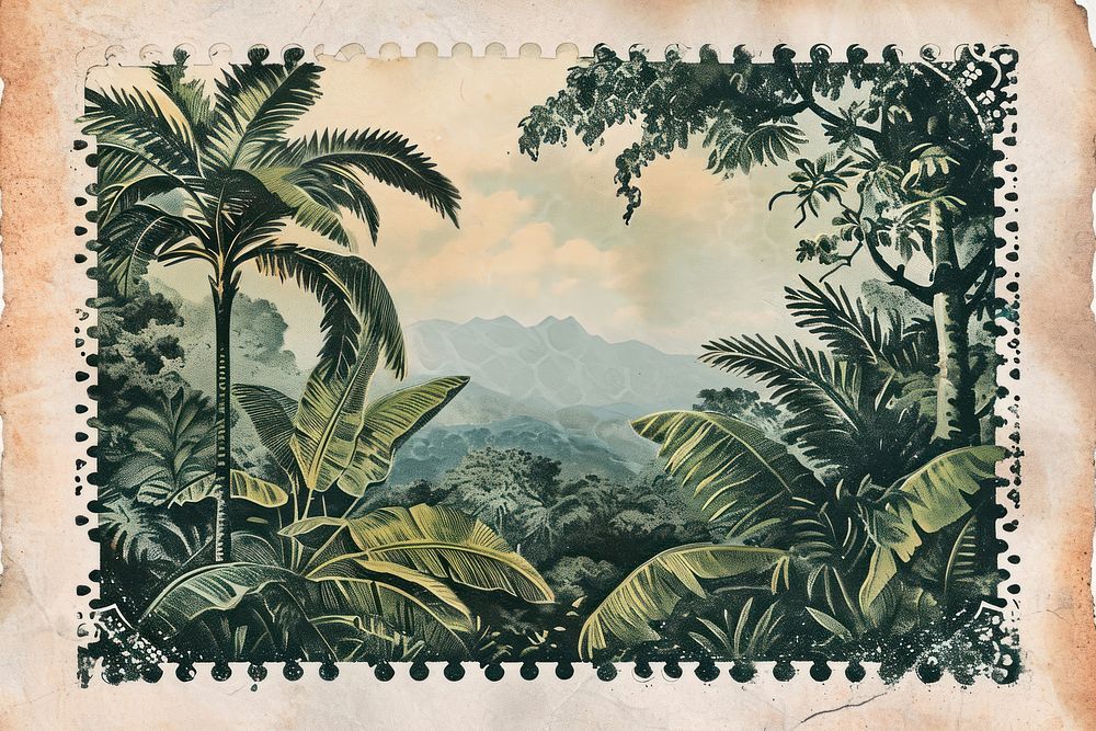 Vintage postage stamp with jungle vegetation painting outdoors.