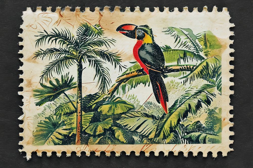 Vintage postage stamp with jungle animal plant bird.