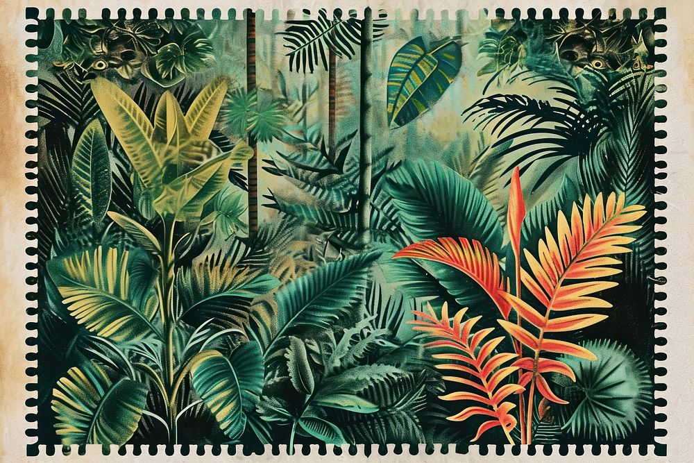 Vintage postage stamp with jungle backgrounds nature plant.