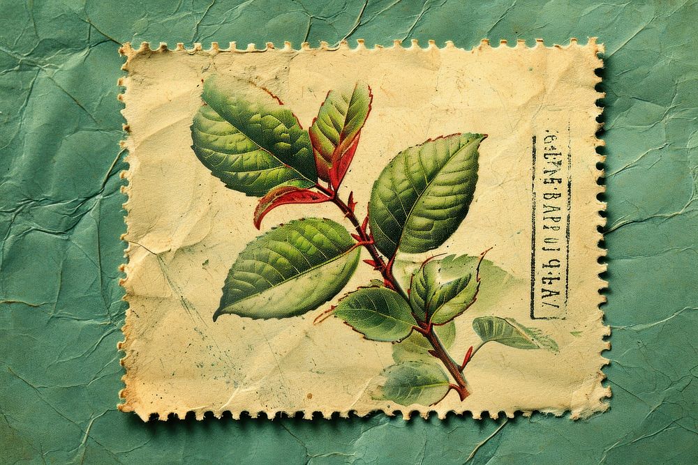 Vintage postage stamp with leafs paper plant green.