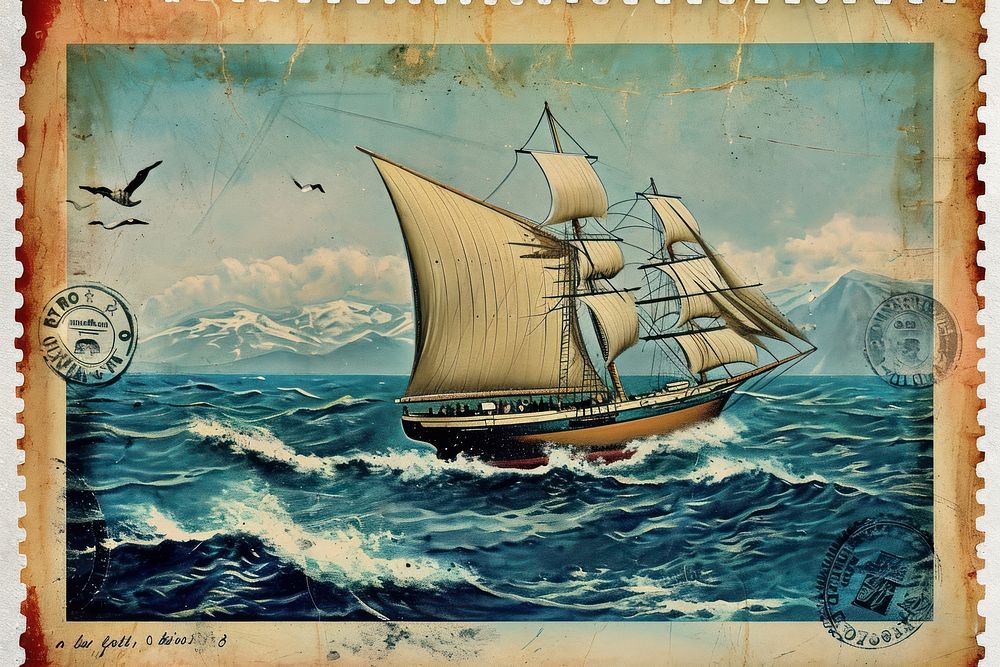 Vintage postage stamp with ocean sailboat painting vehicle.