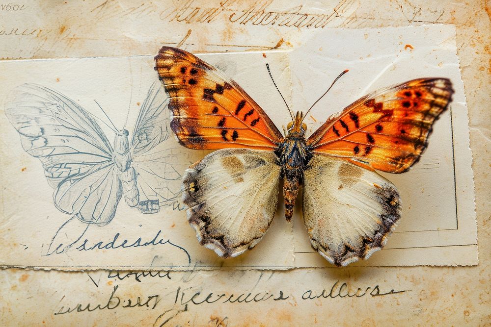 Vintage stamp with butterfly animal insect paper.