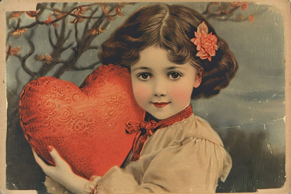 Vintage valentine postcard portrait painting art.