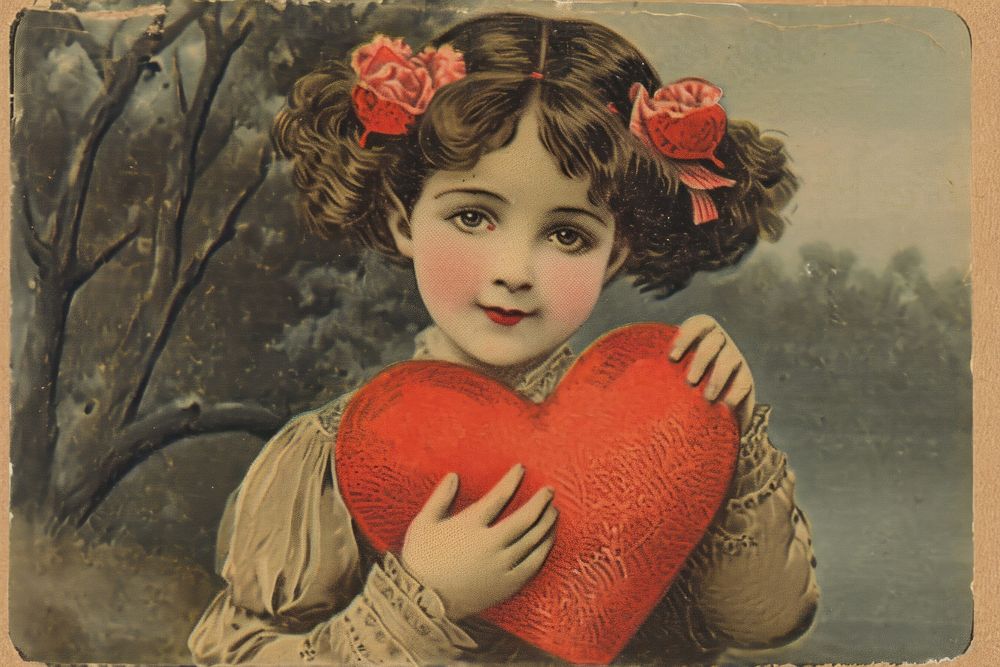 Vintage valentine postcard portrait painting art.