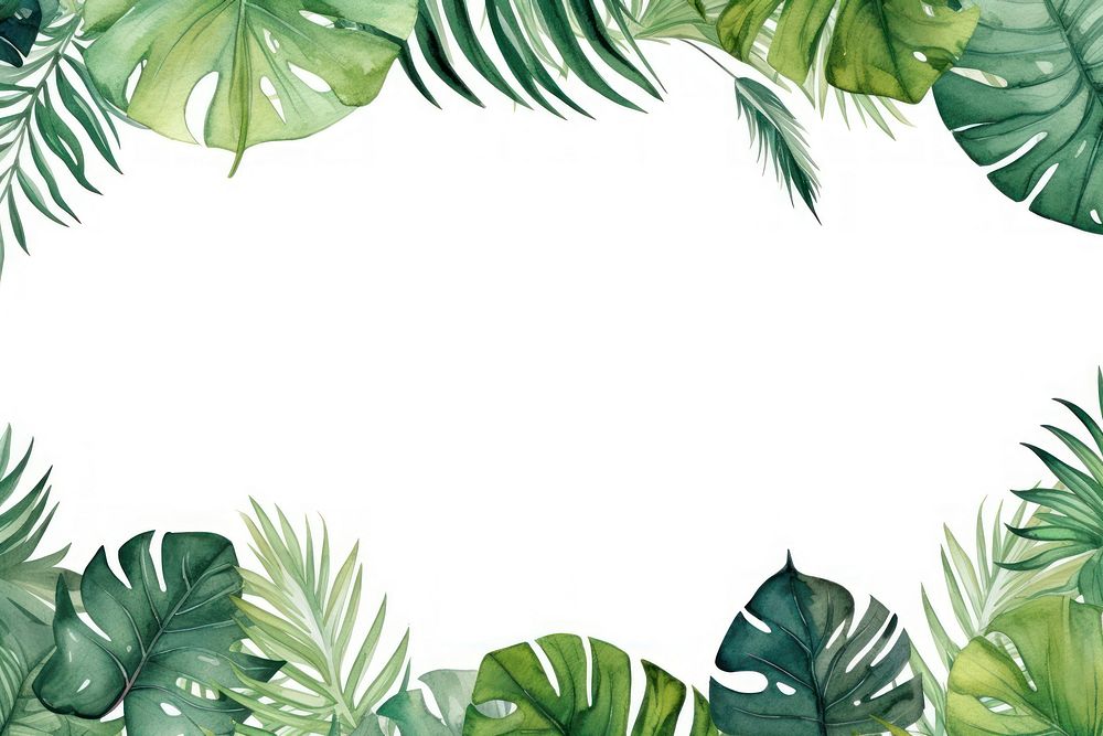 Watercolor illustration of tropical leaves border outdoors nature plant.