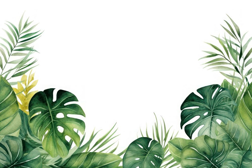 Watercolor illustration of tropical leaves border outdoors tropics nature.