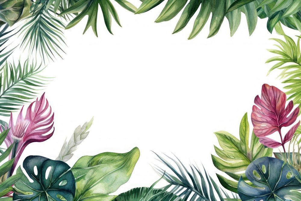 Watercolor illustration of tropical leaves border outdoors tropics pattern.