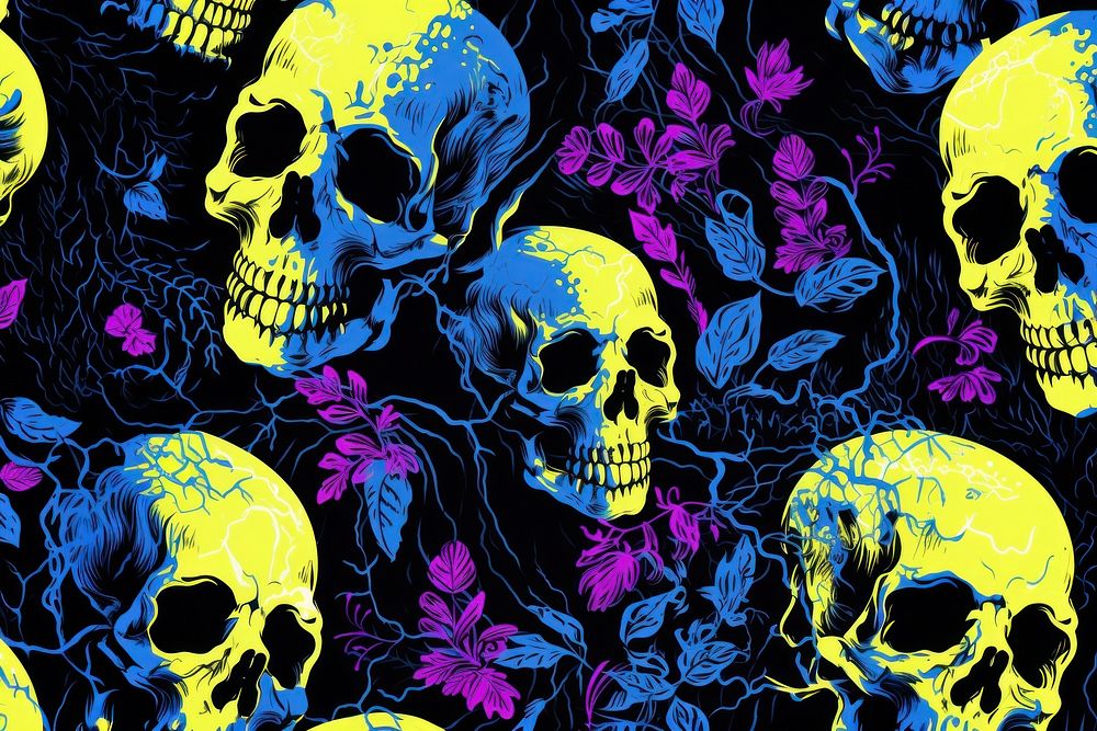White skull and glowing floral pattern backgrounds purple creativity. AI generated Image by rawpixel.