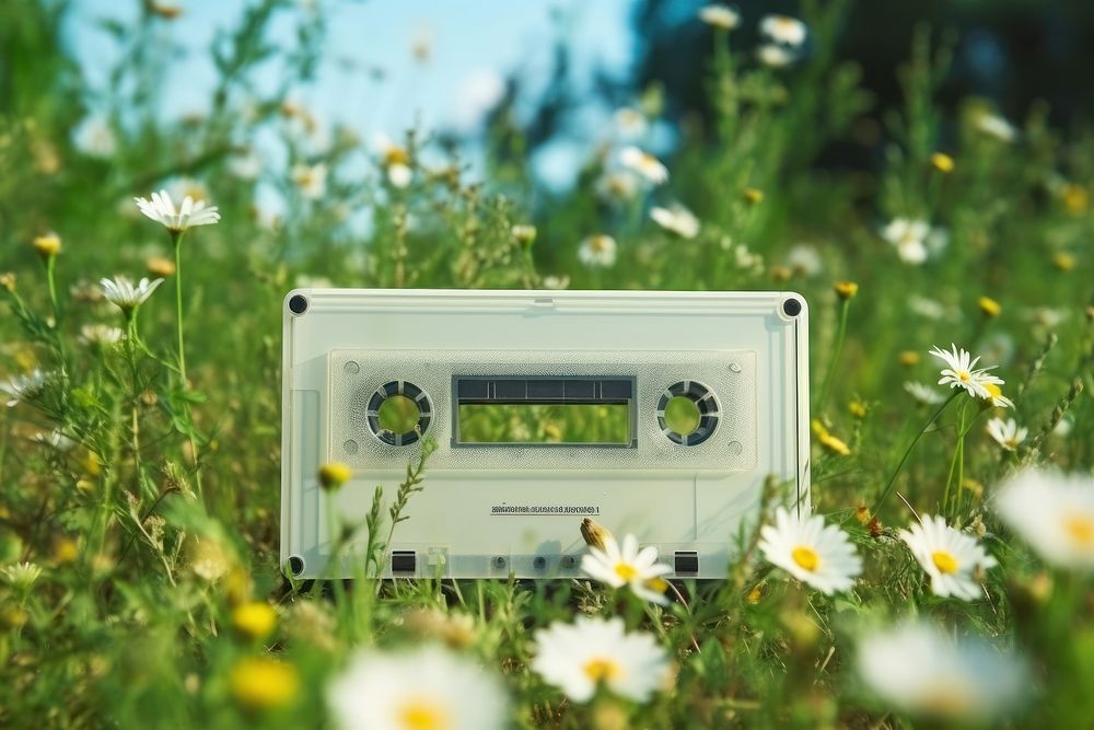 Cassette tape  wildflower nature field.