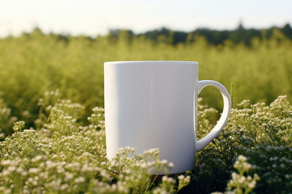 Mug with label packaging  flower coffee plant.