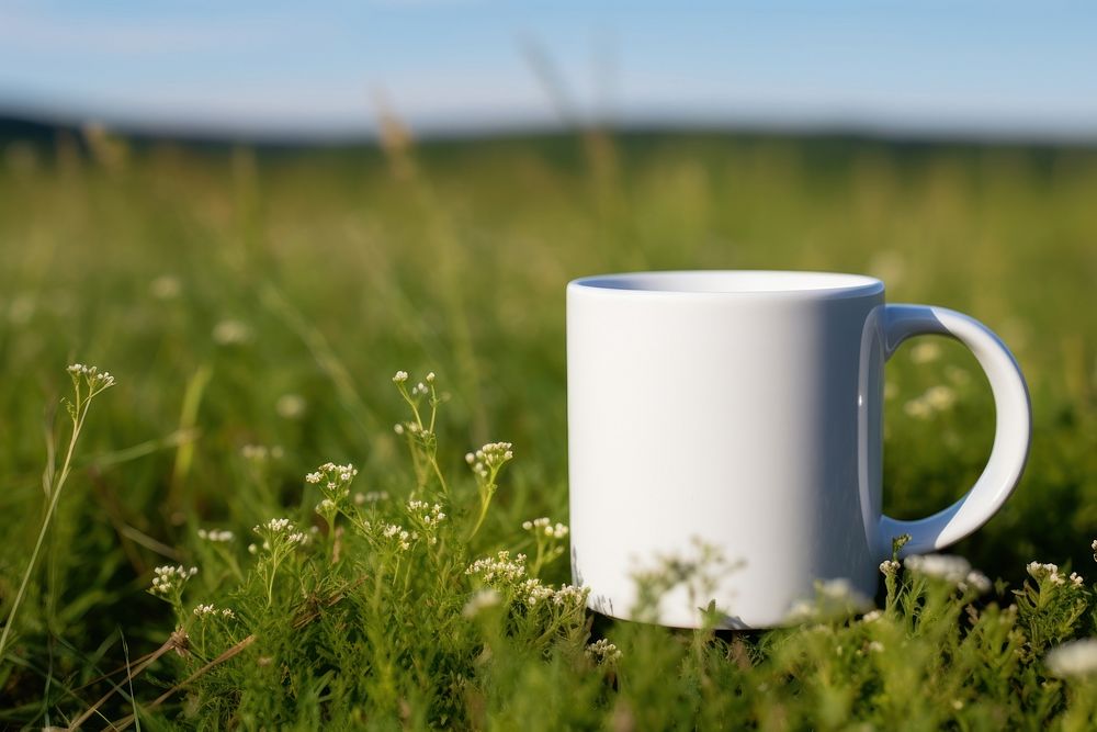 Mug with label packaging  field grassland outdoors.
