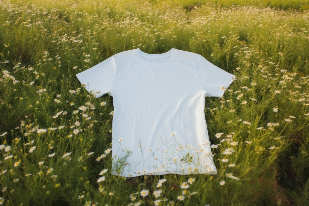 T-shirt with label packaging  flower field grassland.