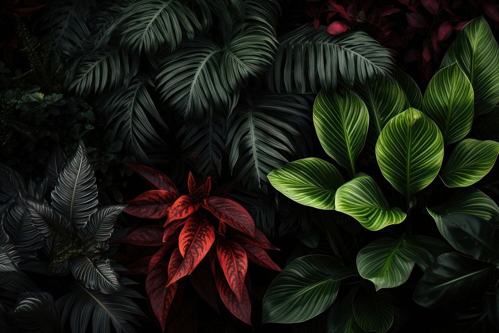 A close-up photo of leafy plants in dark desktop wallpaper nature tree backgrounds. AI generated Image by rawpixel.