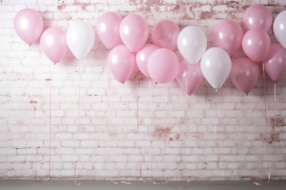 Pink and white latex balloons and glitter border backgrounds brick wall. AI generated Image by rawpixel.