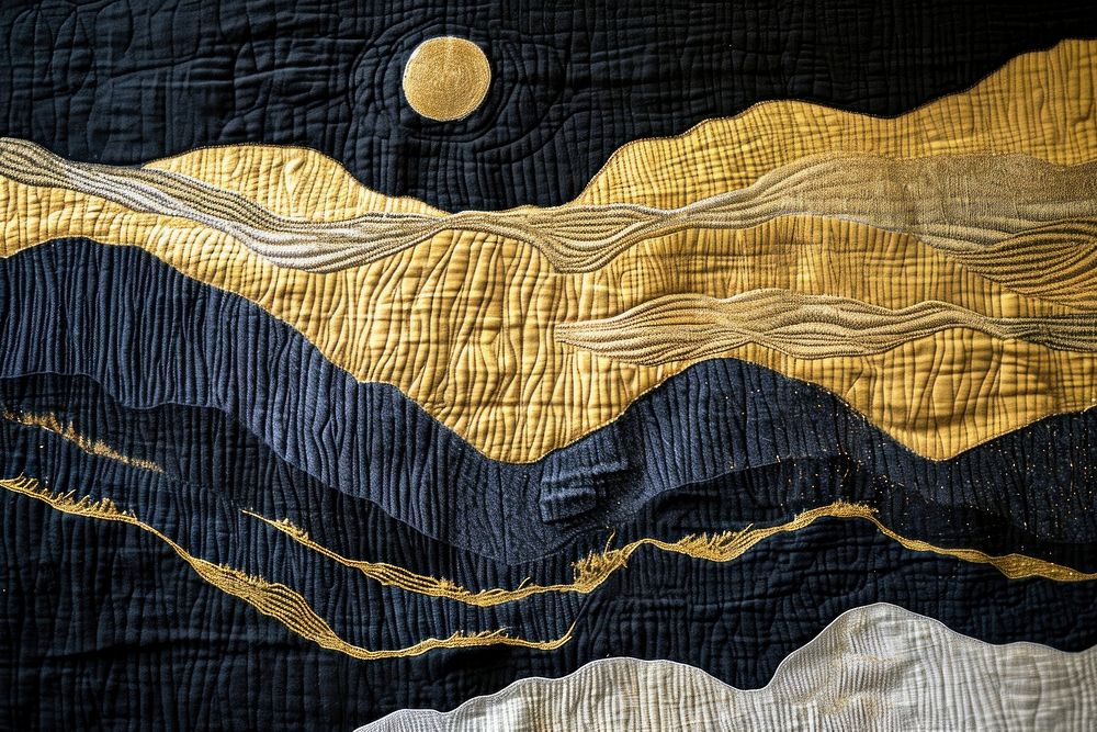 Embroidery with mountain black and gold textile quilt art.