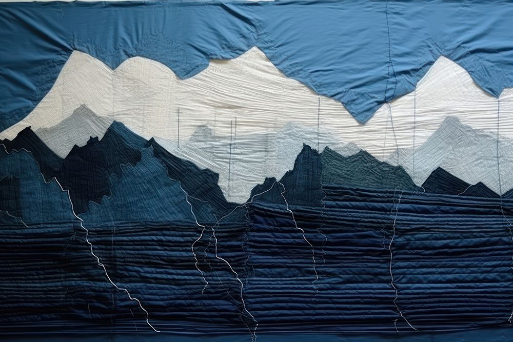 Embroidery with mountain blue landscape textile creativity.