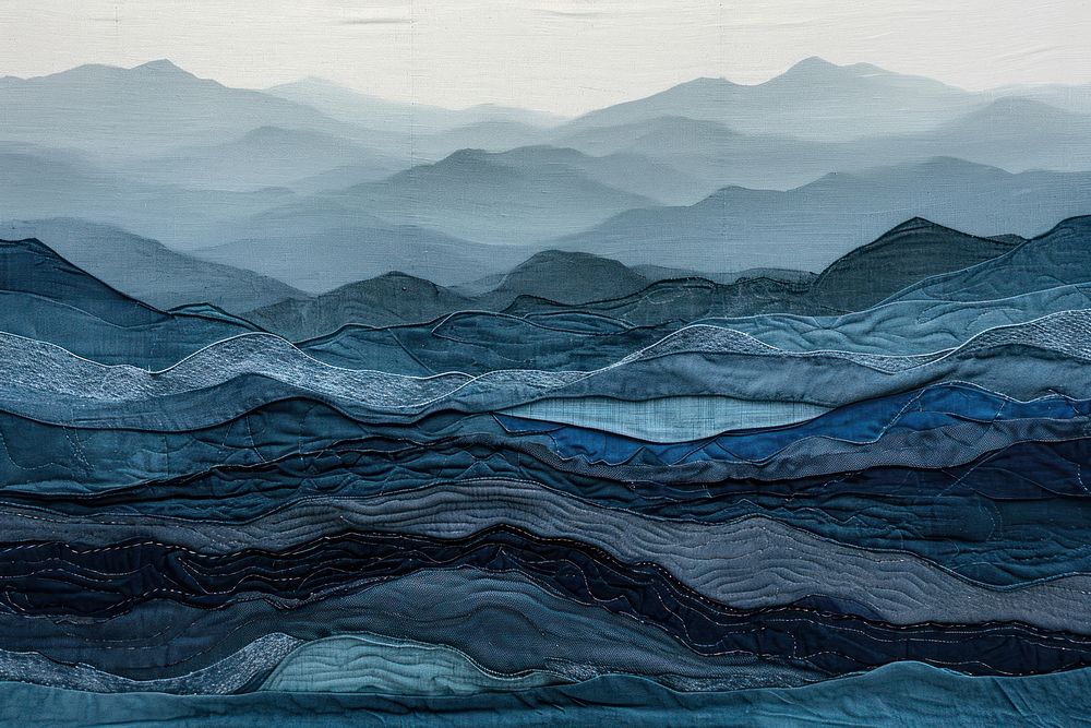 Embroidery with mountain blue tones landscape textile nature.