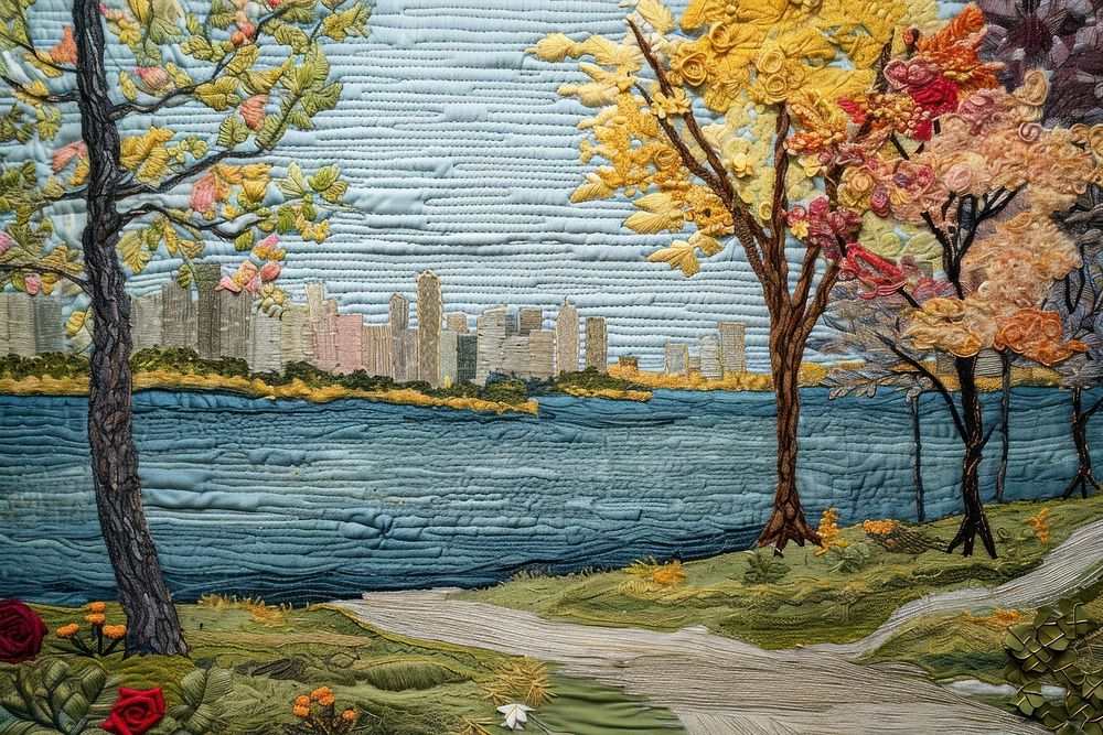 Embroidery with nice city park by the lake landscape painting outdoors.