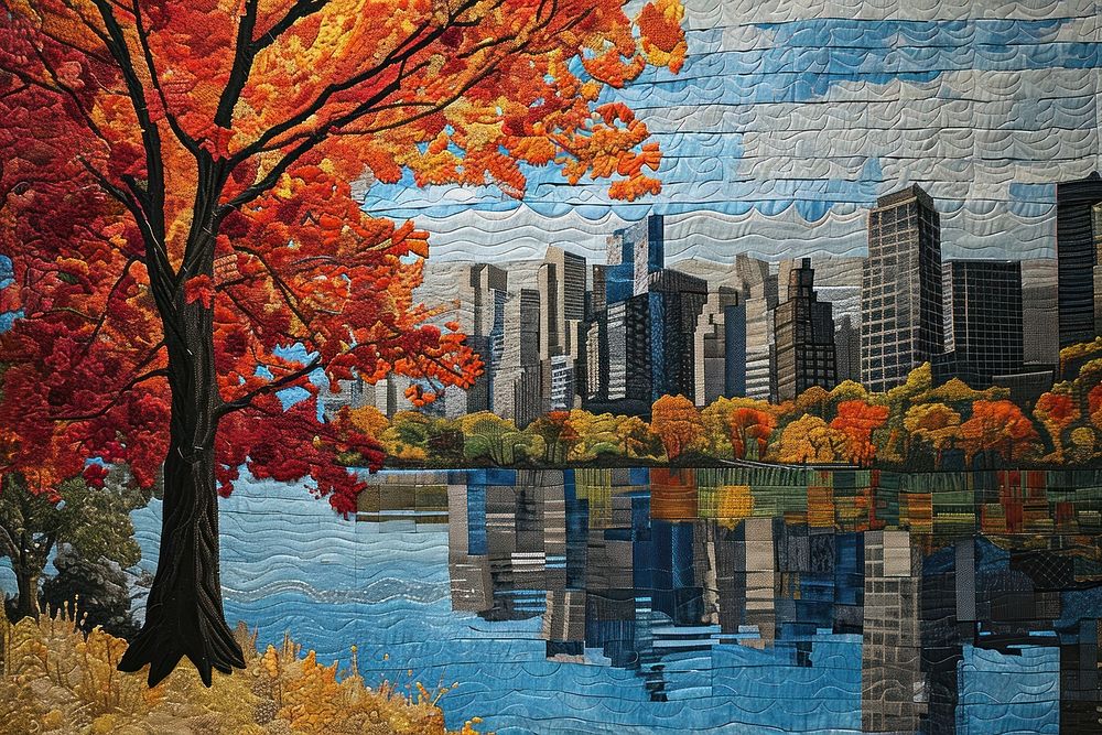 Embroidery with nice city park by the lake landscape outdoors painting.
